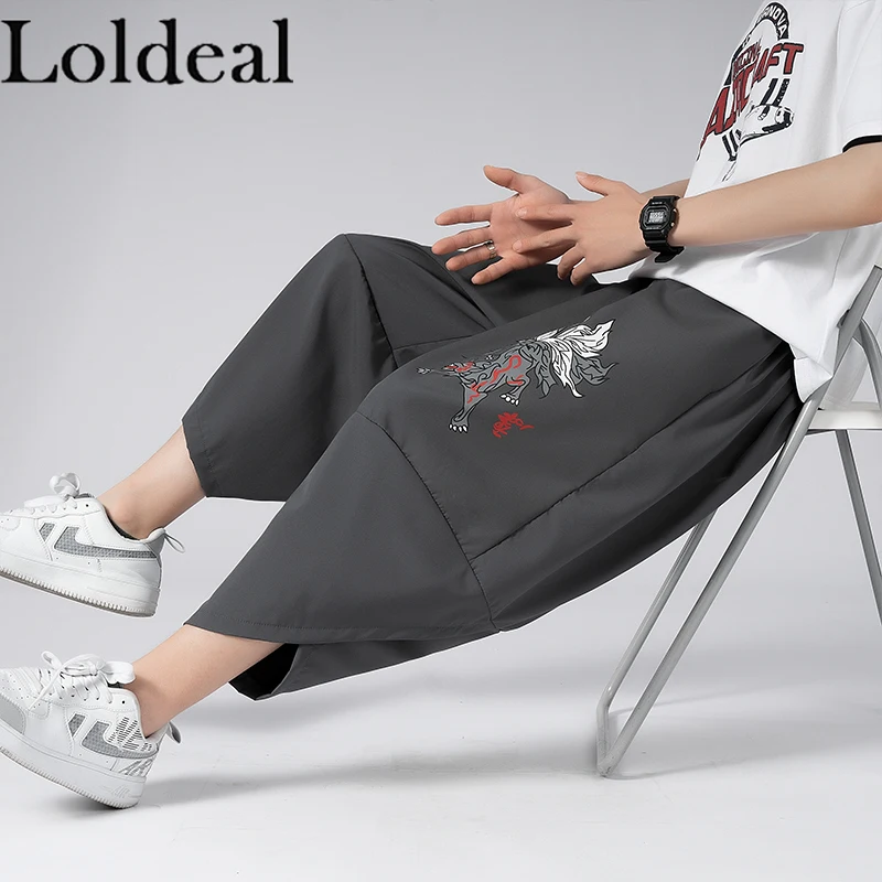 

Loldeal Men Jogger Cropped Pants Chinese Style Loose Harem Kirin Print