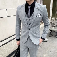 2020 four seasons wear business slim solid color plaid three pieces set male korean version young groom wedding fashion suit