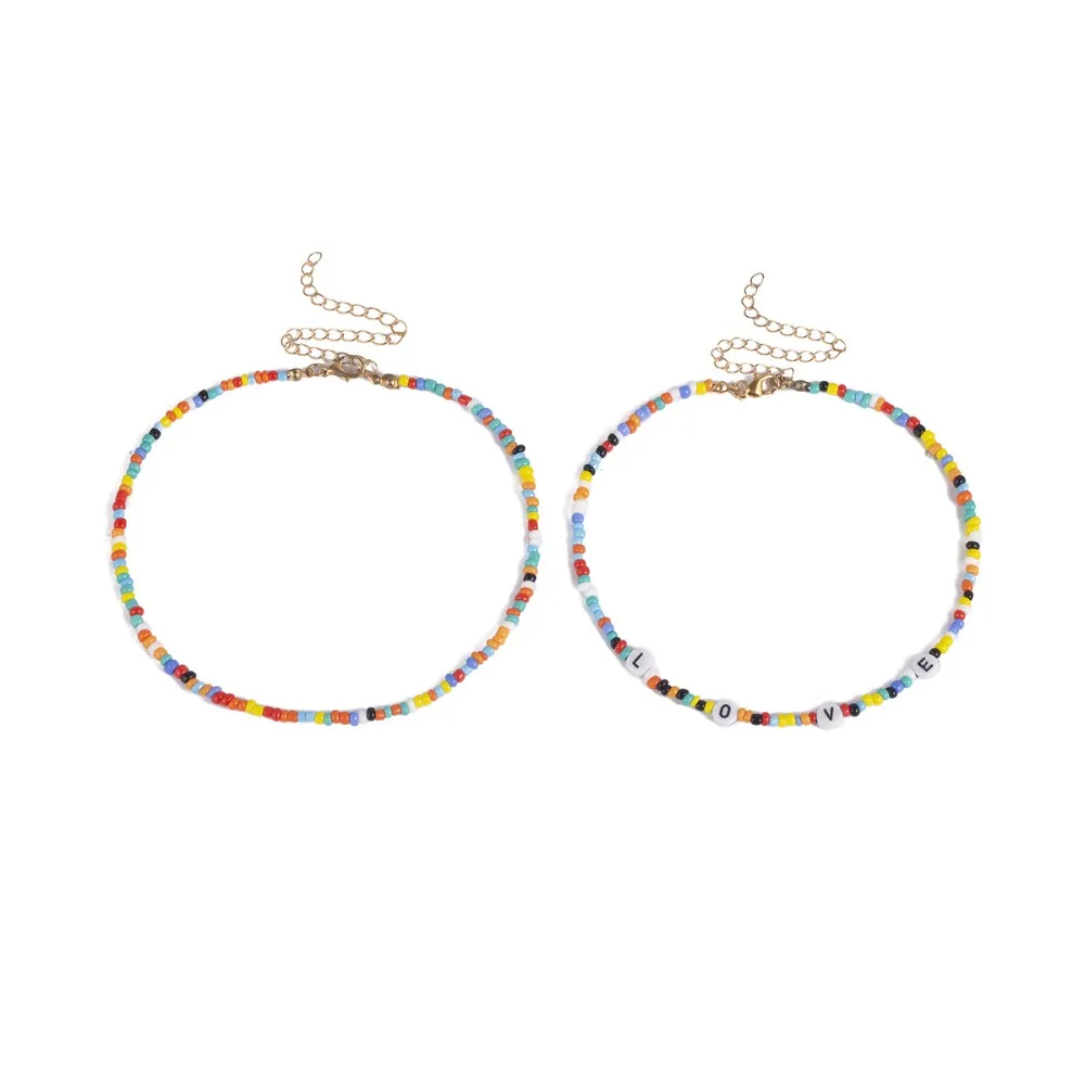 AOMU Simple Geometric Handmade Beading Double Layer Necklace Letter Love Necklace For Women Fashion Boho Jewelry