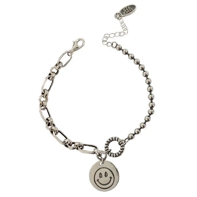 

Utimtree Punk Handmade Vintage Thai Silver Couple Smiling Face Chain Bracelets For Women Men Jewelry