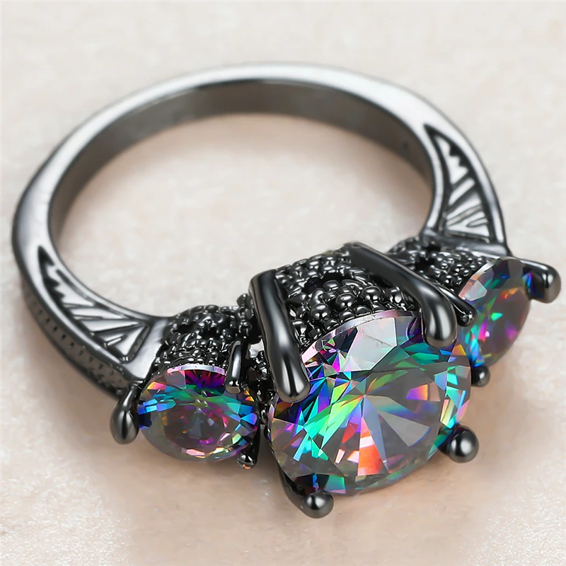 

Punk Female Rainbow Crystal Stone Ring Charm 14KT Black Gold Wedding Rings For Women Luxury Bride Round Zircon Engagement Ring