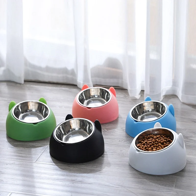 

Cat Dog Bowl 15 Degrees Tilted Stainless Steel Cat Bowl Safeguard Neck Puppy Cats Feeder Non-slip Crashworthiness Base Pet Bowls