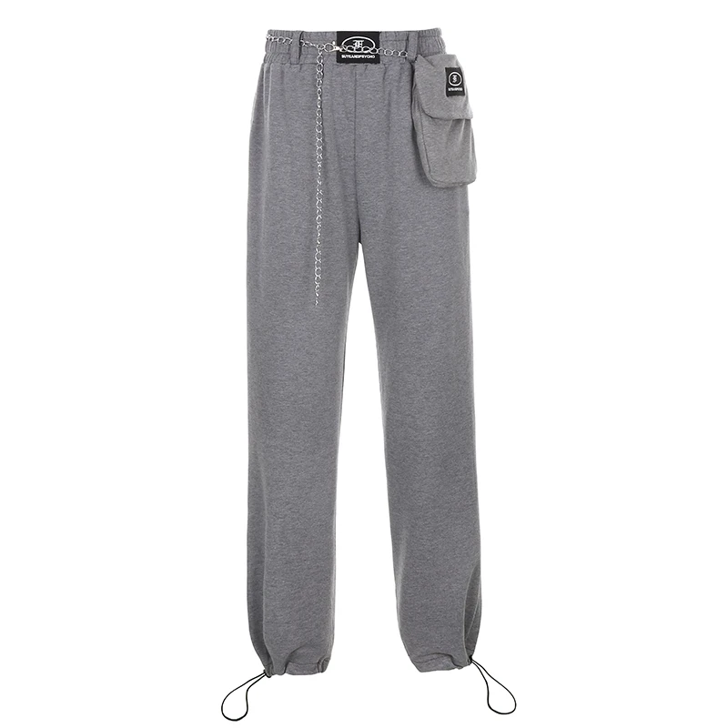 

Weekeep Streetwear Jogging Female Trousers With Chains Patchwork Pocket Jogger Women Elastic High Waisted Baggy Harem Pants 2020