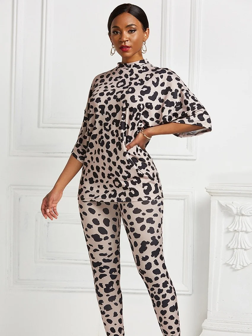 

African Clothes for Lady Sexy 2 Piece Sets Africa Clothing Women Leopard Long Sleeve Loose Top and High Stretch Pencil Pant