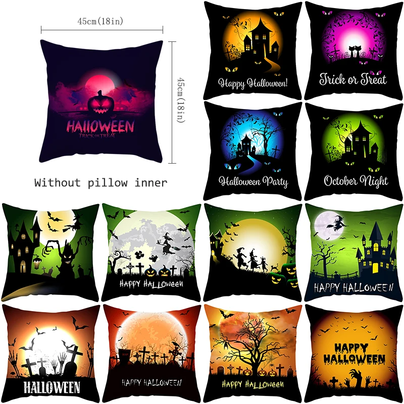 

Dark Castle Halloween Pillow Cover Pumpkin Lantern Ghost Throw Pillowcase Home Decor Witch Bat Black Cat Pillow Cover For Sofa