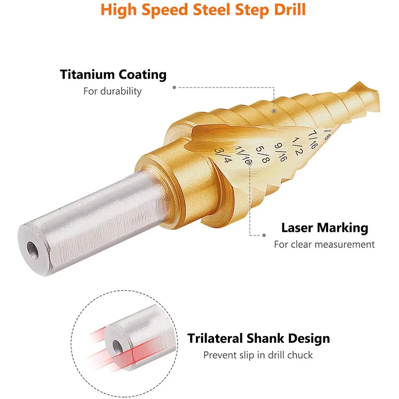 

5Pcs Step Drill Bit Set Spiral Grooved Drill Bit, Multiple Stepped Up Bits for Sheet Metal Double Cutting Blades