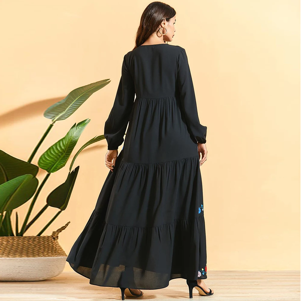 Женское Макси Платье с цветочной вышивкой Siskakia черное свободное плиссированное