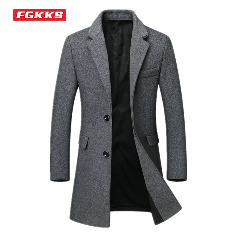 FGKKS Autumn Winter Brand Men Wool Blends Coats Fashion Solid Color Middle Long Overcoat Luxury Business Casual Wool Coat Male