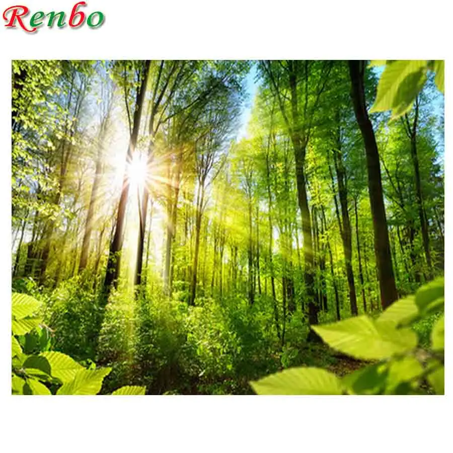 

Landscape Trees Sunlight 5d Diy Diamond Painting Green Forest Cross Stitch Diamond Embroidery Wall Art for Living Room Decor