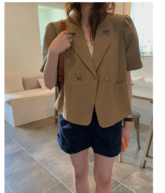 

Korean Blazers Women Chic Summer Minority Vintage Turn-down Collar Double Breasted Loose Puff Sleeve Short Suits Coats