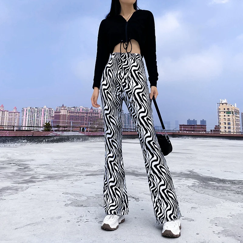 Zebra Stripe Wide Leg Pant Fashion Casual Patchwork Loose Straight Trouser 2021 Elastic Wiast High Waist Autumn Women Flare Pant