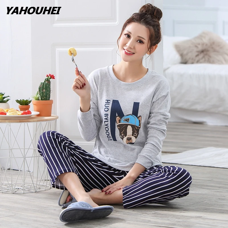 Осень зима 2019 домашняя женская пижама с длинным рукавом Хлопковая одежда для сна