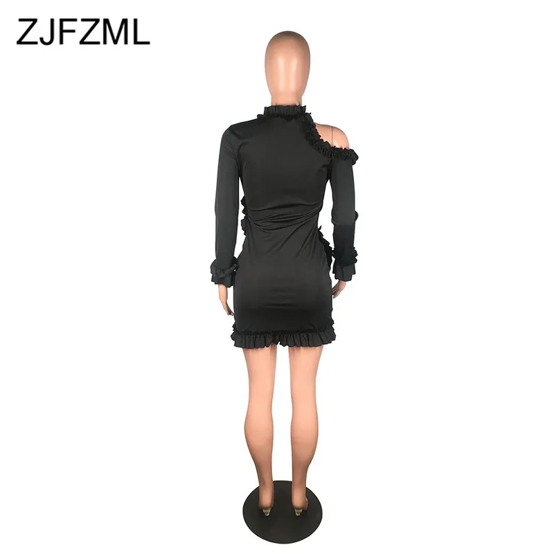 

Cut-Out Shoulder Ruffles Bodycon Dresses Women Round Neck Solid Skinny Sexy Club Dress Elegant Ladies Causal Mini Autumn Dress