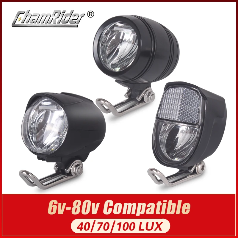 6V-80V 24V 36V 48V 60V Universal Compatible 1W 2W 3W 40 70 100 LUX Bike Electric Bicycle E-bike Headlight Front Light Headlamp