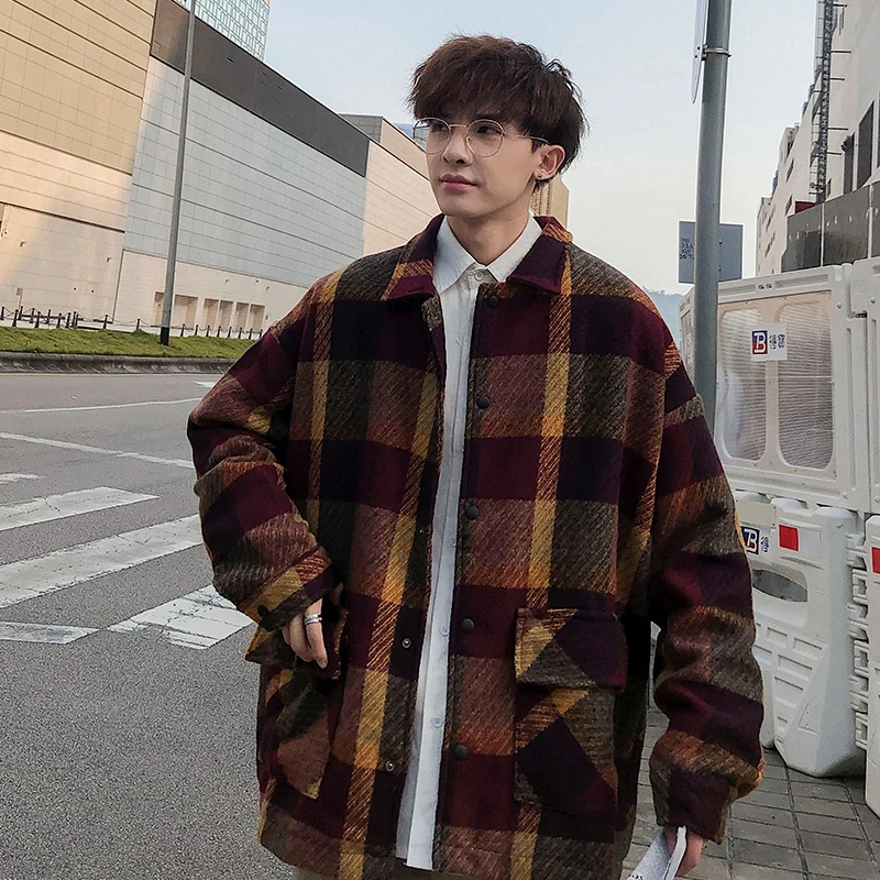 Fashion Mens woolen coat Red Khaki Loose plaid jacket Autumn Spring Winter