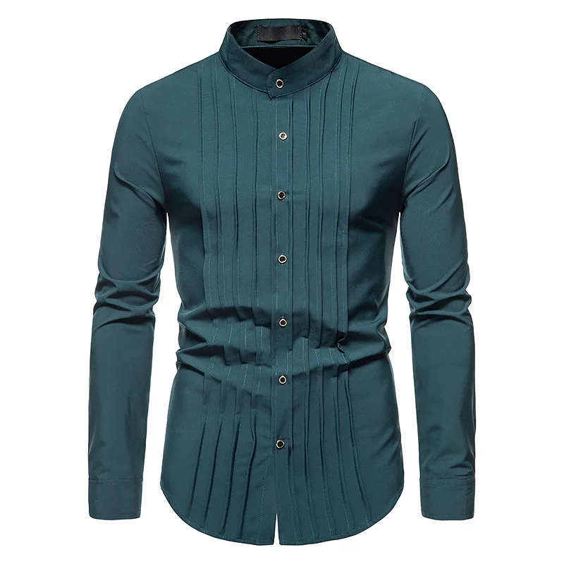 

PARKLEES Mens Slim Fit Pleated Tuxedo Shirt Elegant Henry Collar Long Sleeve Solid Mens Dress Shirts Wedding Groom Party Camisas