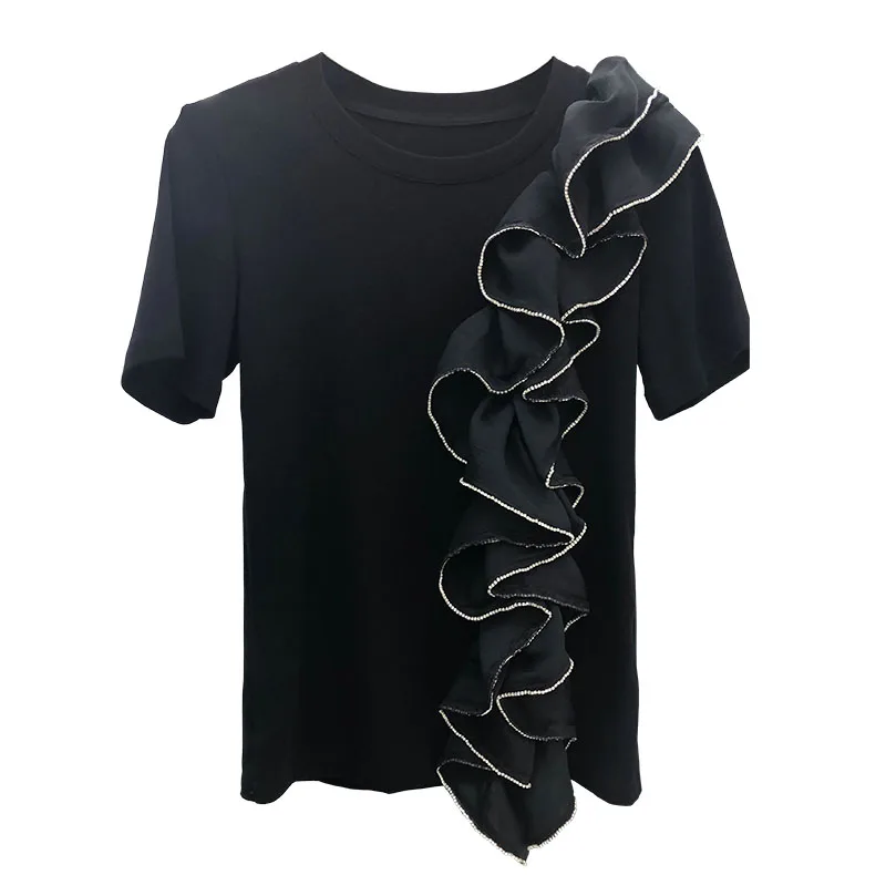 

Ruffled Rhinestone T-shirt for Women Slim-Fit Short Sleeve Irregular Tees Lady Chic Top White Black Tee Shirt Summer