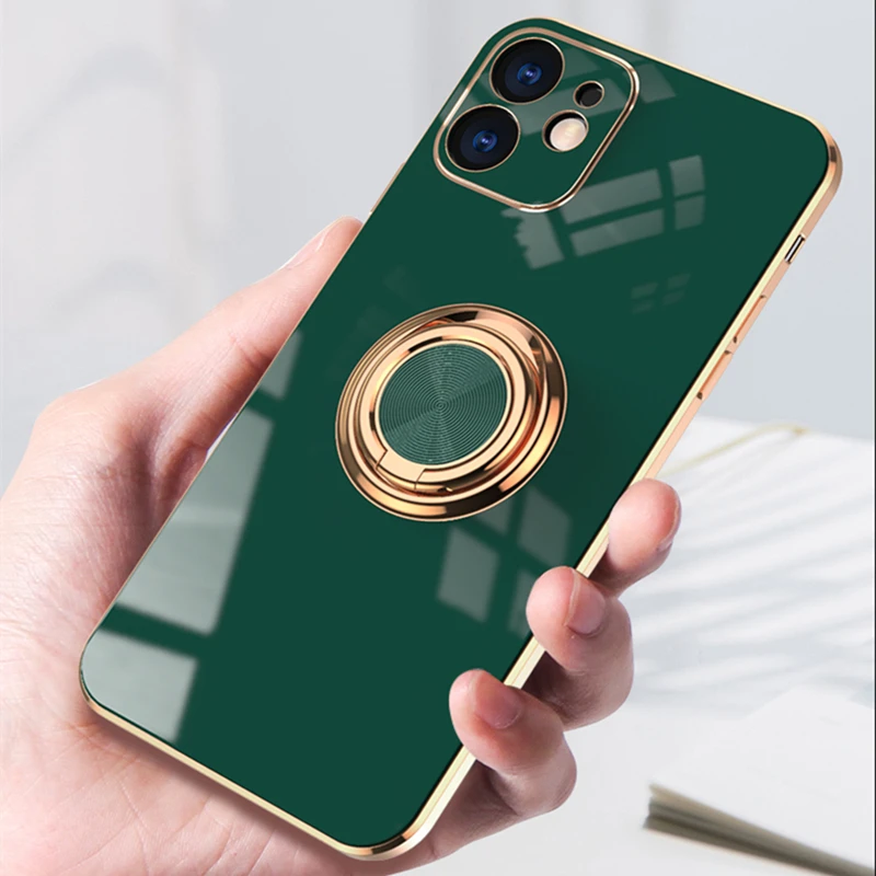 Soft Plating Ring Holder Case For iPhone 12 11 Pro Max 12 Mini XS Max XR X 7 8 Plus 12 Pro Luxury Shockproof Stand Cover Funda