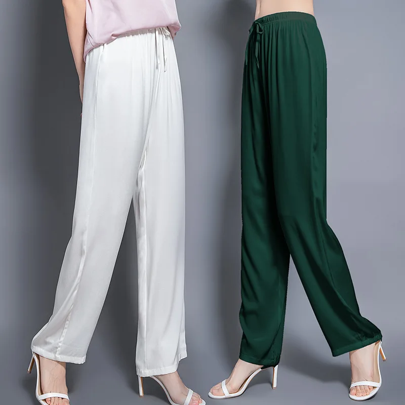 Elastic satin 19 momme mulberry silk elastic waist drawstring wide leg pants women loose draped mulberry silk trousers 20103