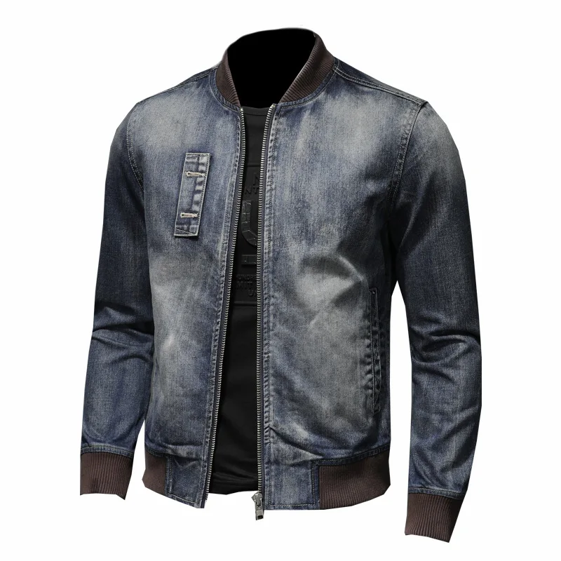 

European Fashion Casual Baseball Collar Slim Fit Denim Jacket Tops Male Youth High Quality Retro Washed Jean Coat Zipper Outwear