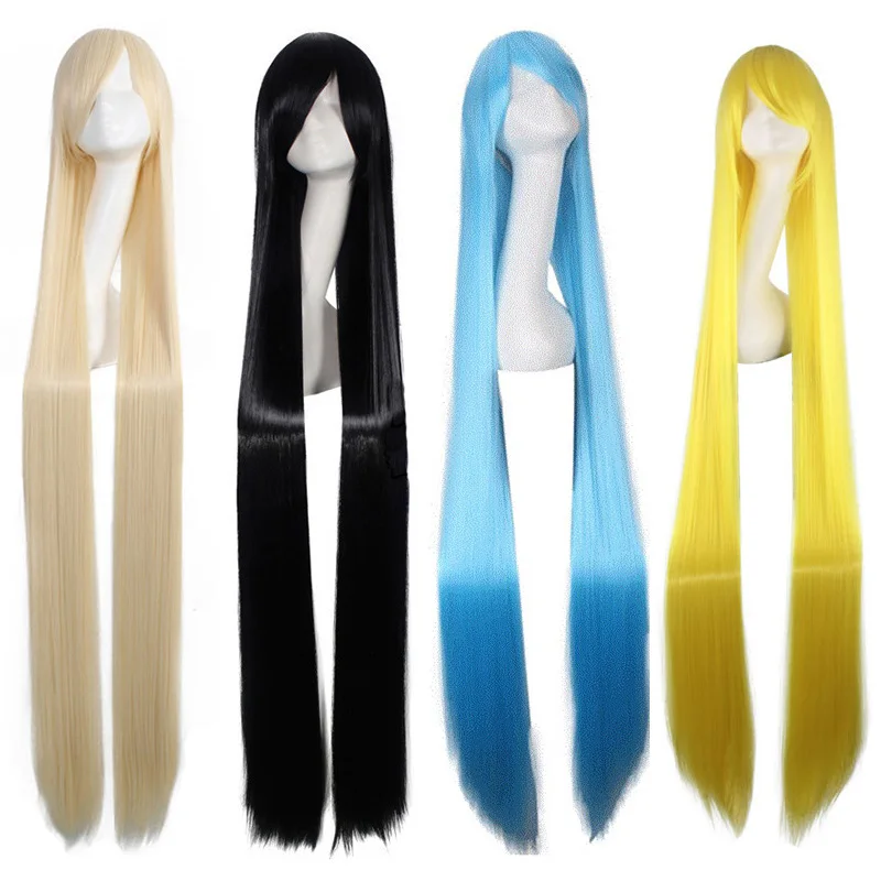

150CM 59'' Long Straight cosplay Wigs with Bangs black sky blue beige purple Synthetic Fake Hair Halloween party Wig