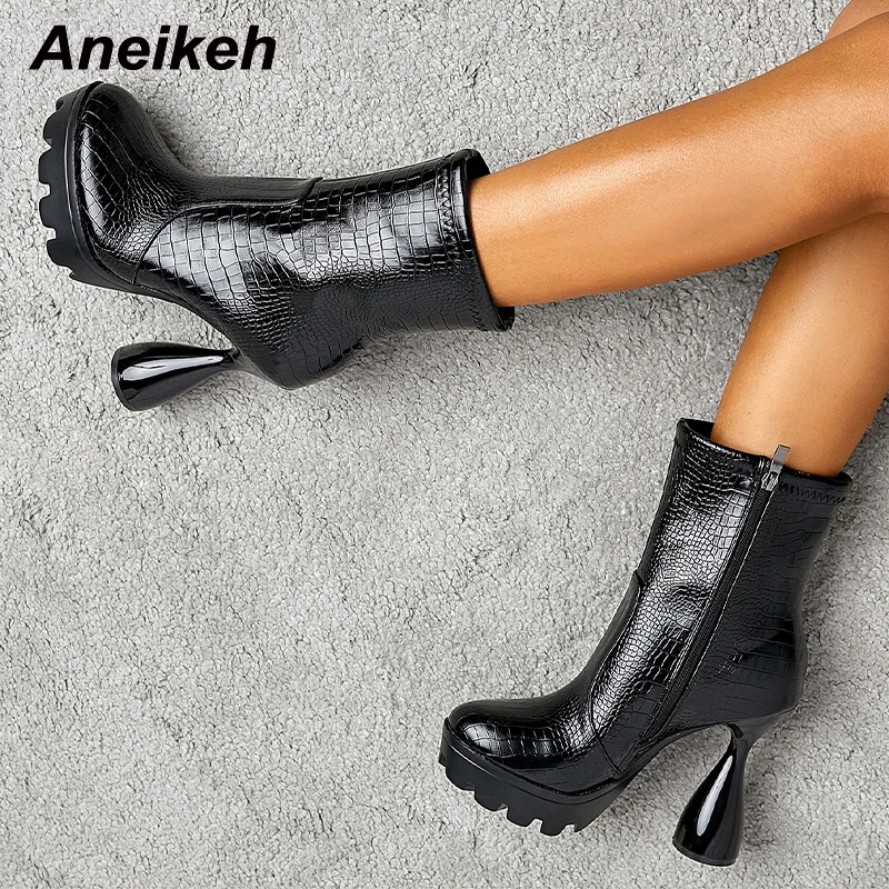 

Aneikeh 2023 NEW Sewing Women Rome Shoes Chelsea Boots Fashion Mid-Calf Solid PU Round Toe High Heel Zippers Black Size 35-42