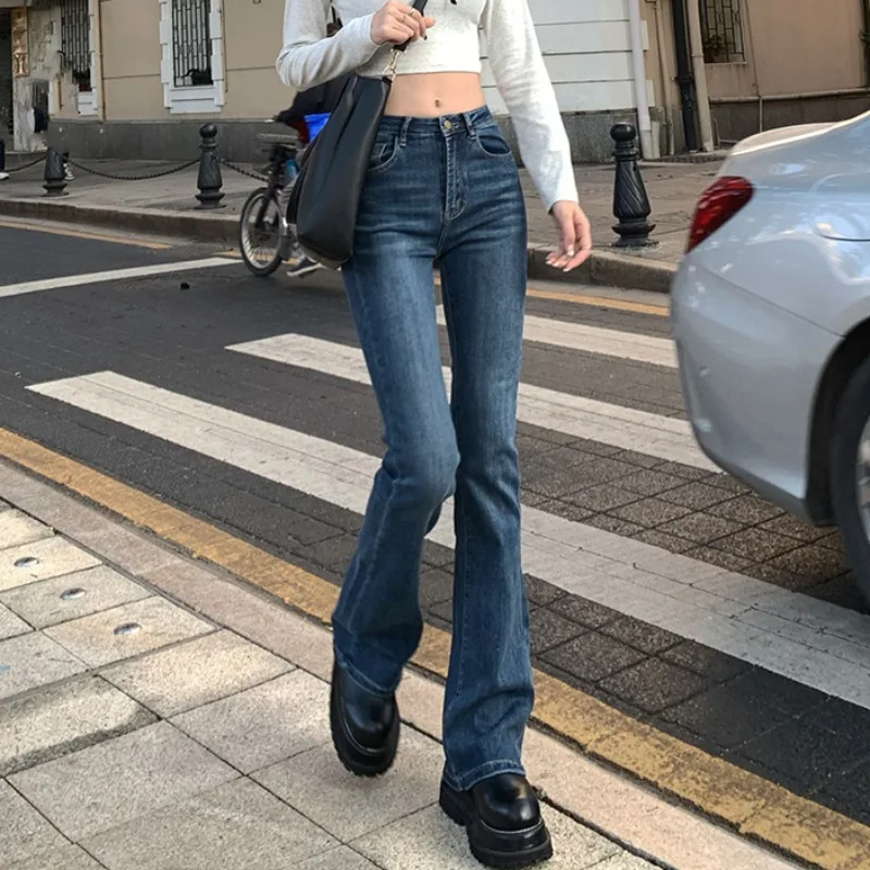 

FAKUNTN 2021 Summer Flared New Fall Jeans Women's Blue Straight Slim Body High Waist Vintage Pants Female Korean New Solid