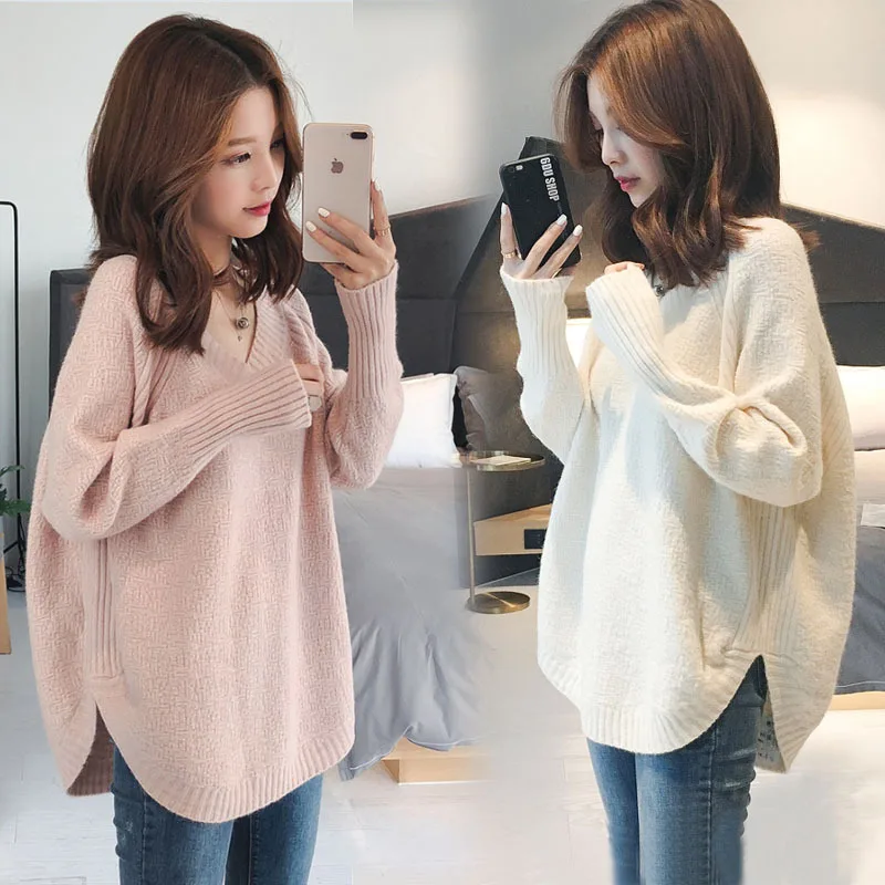 

Fairy Idle Style Pullover Women's Loose Outer Wear Knitted Top Long Sleeve Spring Autumn and Winter Thickened V-neck