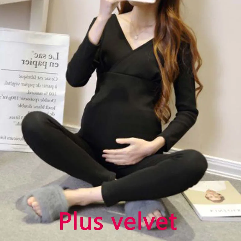 Black(Plus velvet) Модные пижамы для беременных; костюм для кормления; одежда для сна; сезон осень-зима; плотная одежда для беременных; теплое нижнее белье; одежда для сна; бархатная одежда - Цвет: Black(Plus velvet)