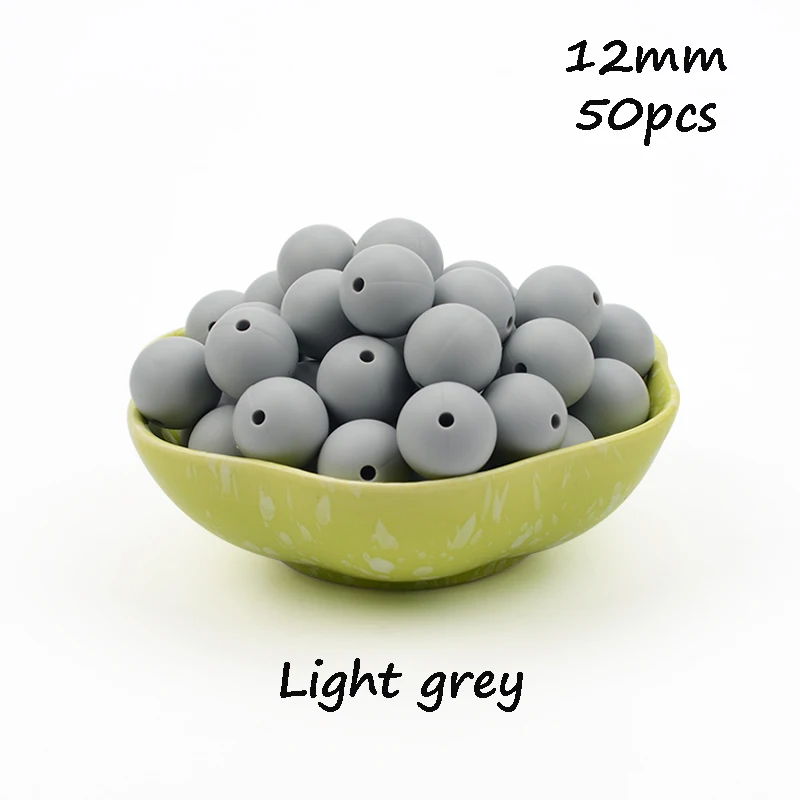 Light grey LOFCA, 12 мм, 50 шт./лот, бусины из пищевого силикона, Прорезыватель для зубов, круглые бусины, Детская жевательная для прорезывания зубов, Силиконовые Прорезыватели для самостоятельного изготовления - Цвет: Light grey