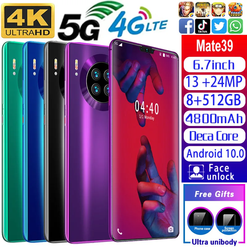 Mate39 смартфон с 6 7 дюймовым дисплеем процессором MTK6799 ОЗУ 8 ГБ ПЗУ 512 13 МП + 24