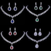 amc luxury crystal water drop pendant necklace and stud earring set aaa cubic zircon bridal wedding jewelry set for women gift