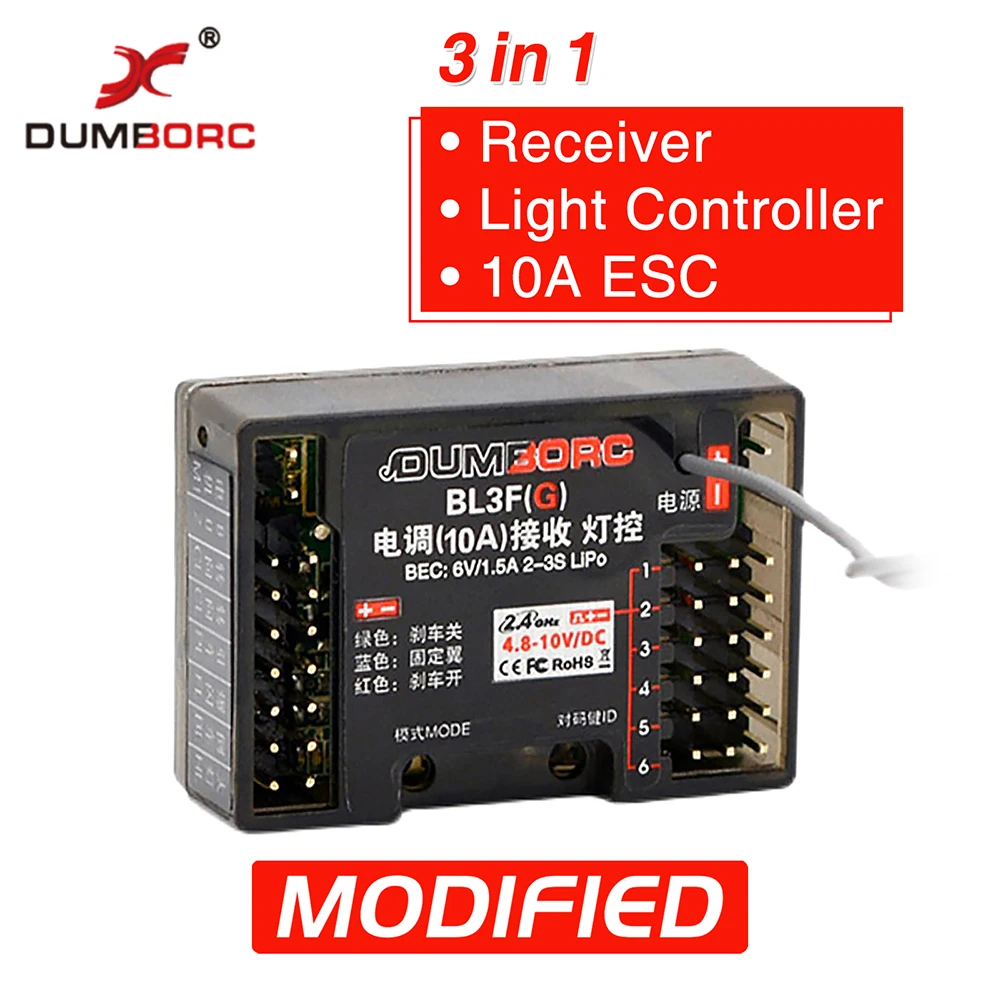 

Dumborc BL3F 2.4G 3 in 1 6CH Receiver Light Controller ESC w/6V 1.5A BEC for 1/12 1/14 1/16 RC Car