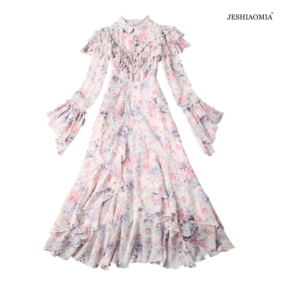 

2021 SPRING FLORAL PRINT RUFFLE ASYMMETRIC CHIFFON DRESS
