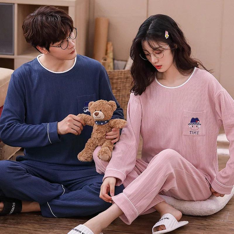 Новые осенне-зимние хлопковые Пижамные комплекты для пар с длинным рукавом в