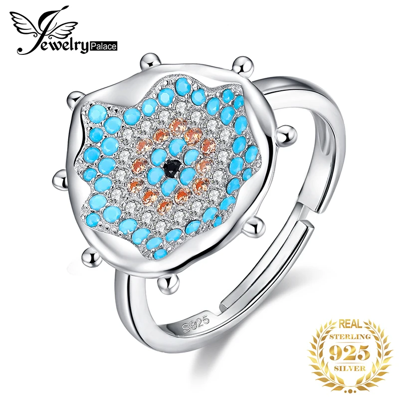 JewelryPalace Black Spinel Blue Nano Simulated Turquoise Champagne CZ Water Splash Vortex Cocktail Ring 925 Sterling Silver Gift