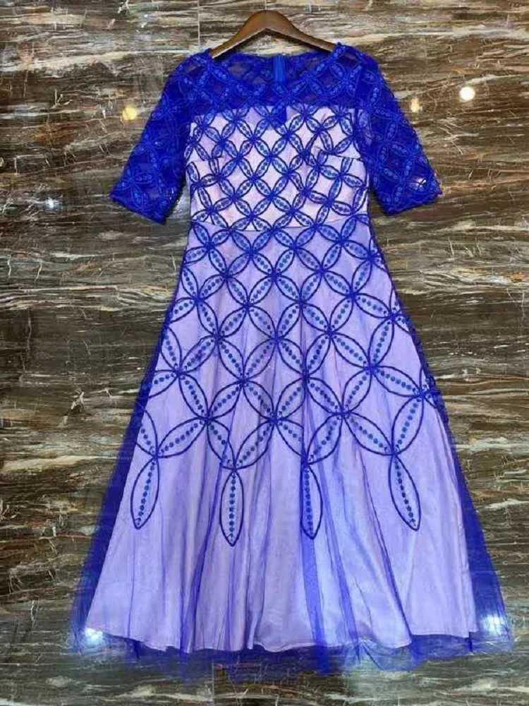 

Dress 2021 Sequined Summer Wedding Party Women Geometric Patterns Embroidery Short Sleeve Mid-Calf Blue Pink Green Mesh Dress