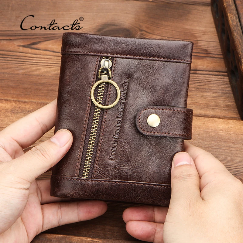 

CONTACT'S 100% Genuine Leather Wallet Men Bifold Wallets RFID Blocking Coin Purse Zipper Walet Card Holder Small Pocket Carteira