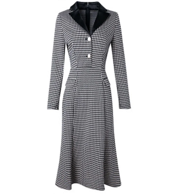 

New Solid Retro 2021 trumpet Thousand bird plaid dress women winter Autumn celebrities long sleeve slim elegant fishtail skirt