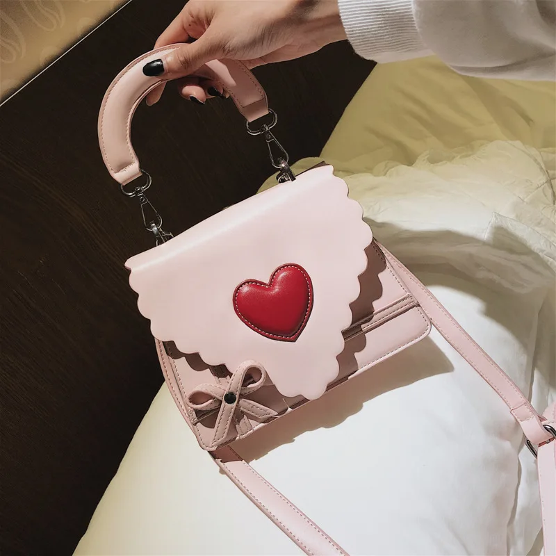 2019 Симпатичные розовые сумки через плечо с милым бантом и красным сердцем