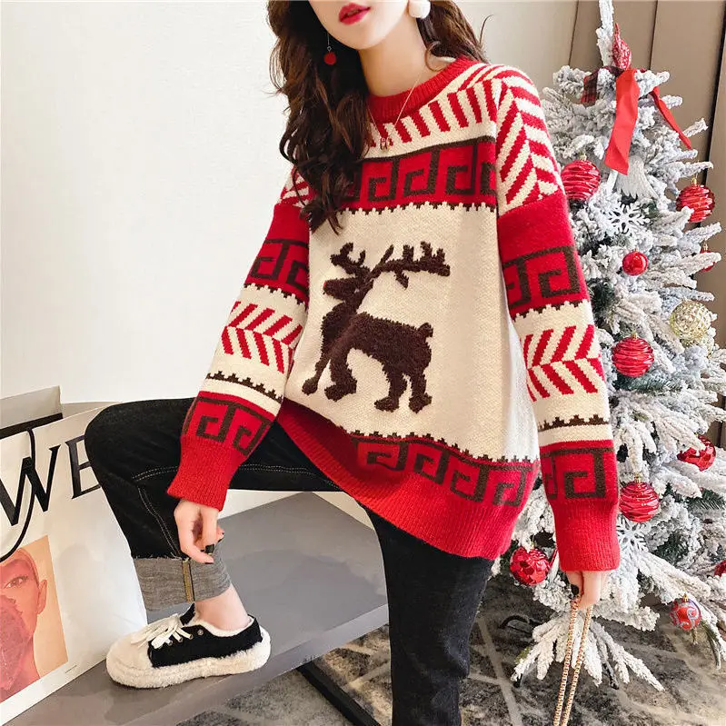 

Autumn Winter Red Christmas Sweater Women's Deer Loose plus Size Fashion round Neck Pullover Long Sleeve Knitted Coat Women Top