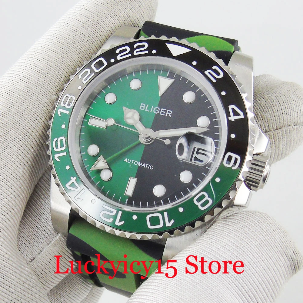 Зеленый BLIGER самообмотка искусственное сапфировое стекло функция даты GMT