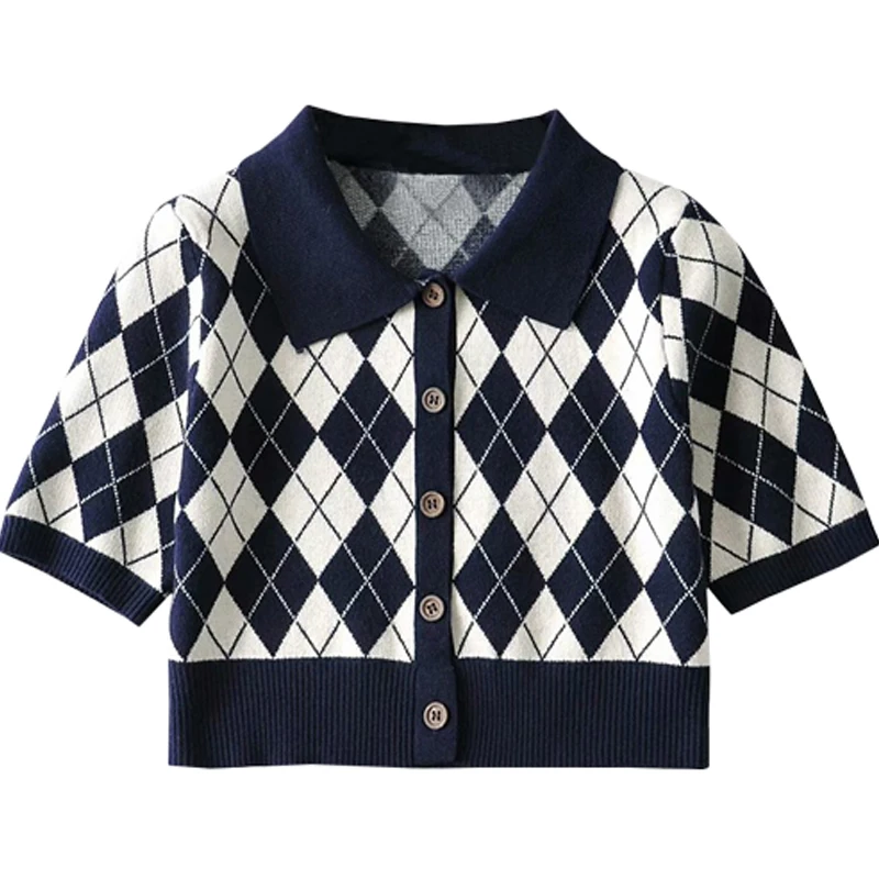 

Cotton Vintage Student Girl Knitted Cardigan American Polo Collar Girls' College Style Rhombus Shirt Short Sleeve Sweater