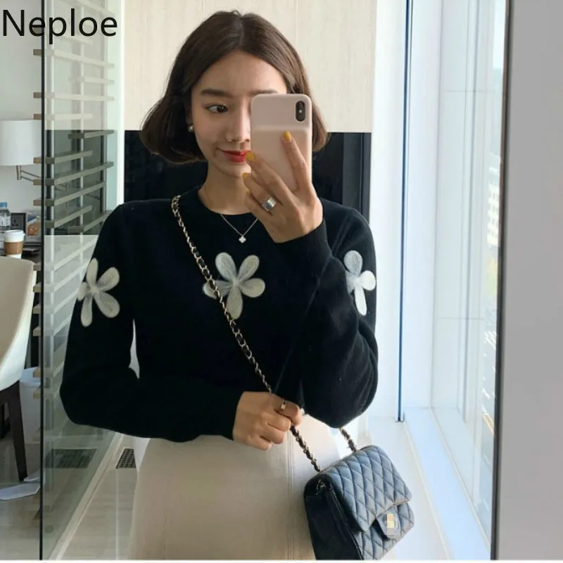 Женский свитер с круглым вырезом и длинным рукавом Neploe Однотонный цветочной