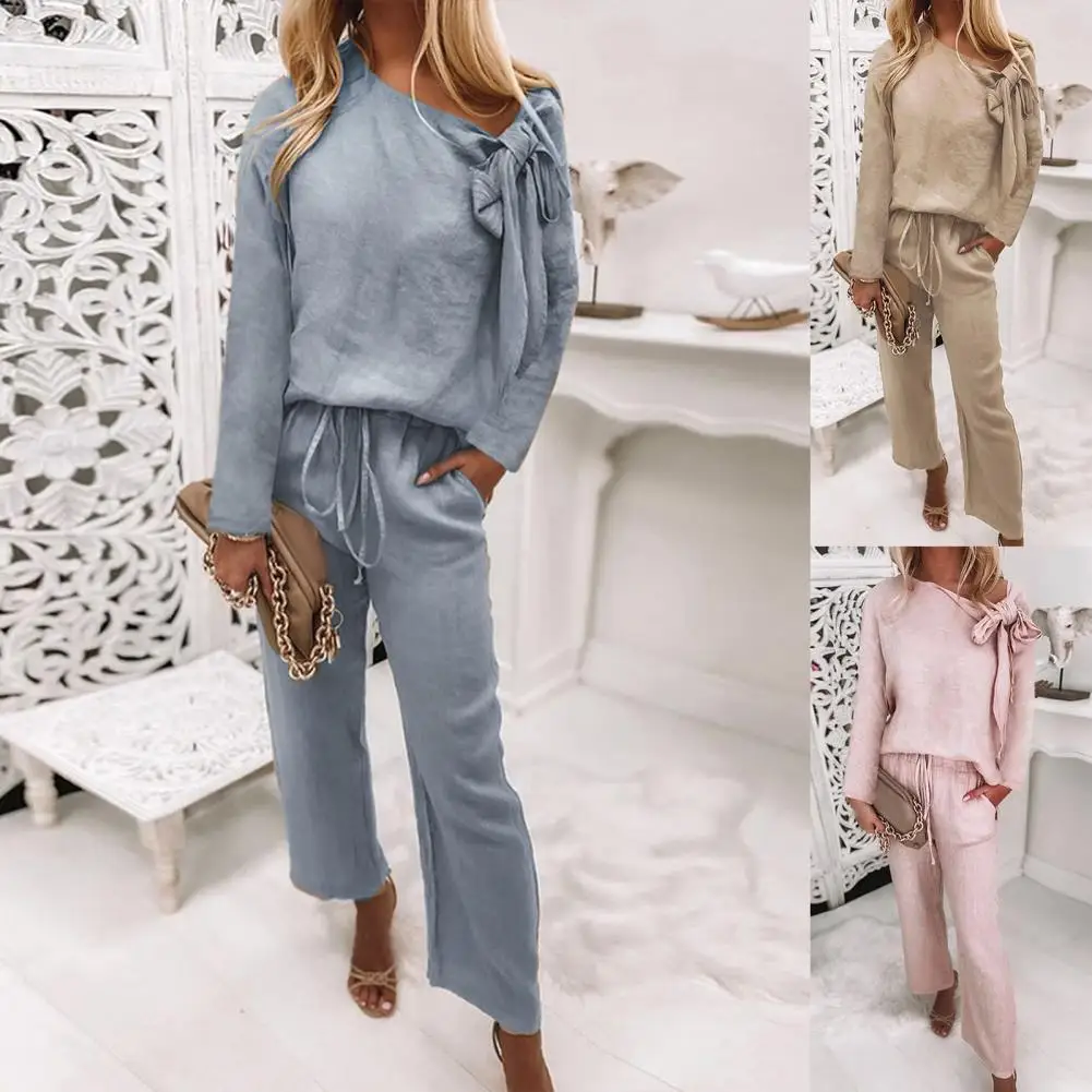 Ankle-Length  Stylish Long Sleeve Blouse Wide Leg Long Pants Set Autumn Women Outfit Long Sleeve   for Daily Wear
