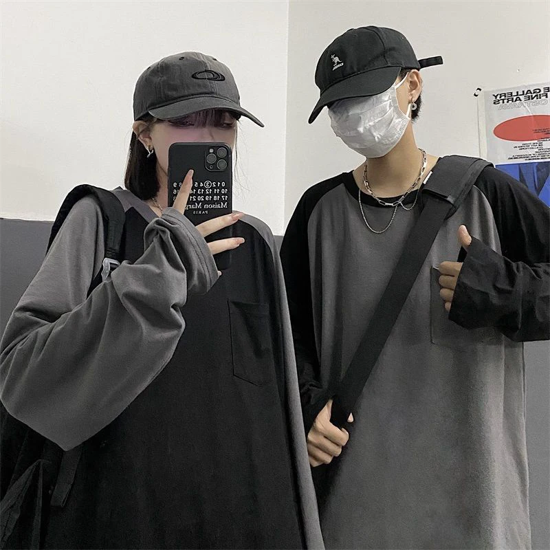 

Korean Fashion Student Spliced Long Sleeve Women T Shirt Autumn Loose 2xl Oversize Man Pulovers Couples Matching Hip Hop Clothes