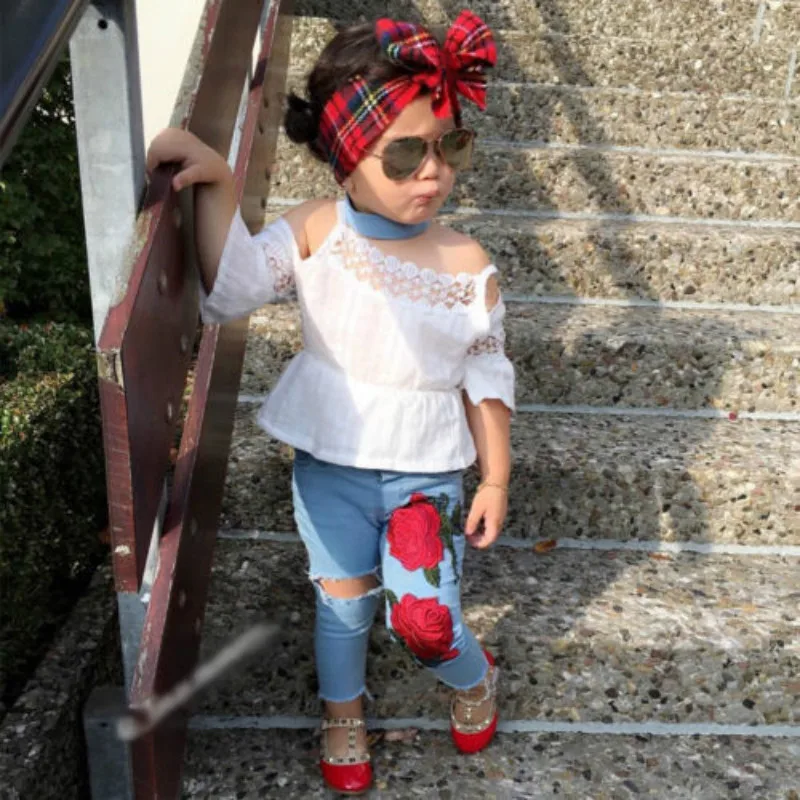 2019 HOT fashion outdoor toddler kid girl suit off-the-shoulder embroidery top+ floral denim pants 2Pcs | Мать и ребенок