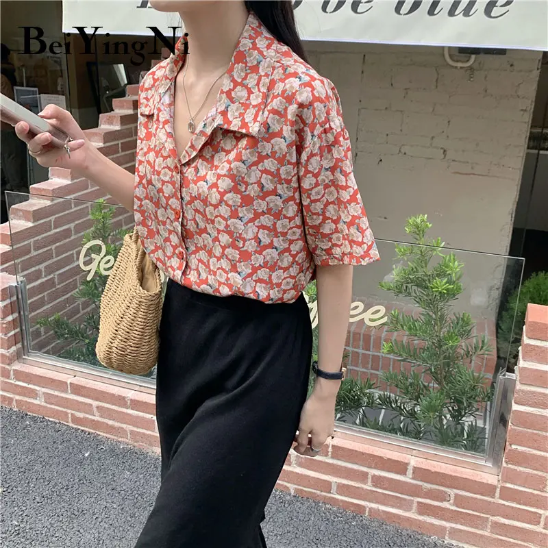 

Beiyingni Rose Printed Short Sleeve Women Blouses And Blusas Vintage Chiffon Summer Fashion Shirt Female Casual Loose Tops Girls