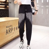 2022 new summer pants women heavy industry hot drill casual loose sports pants women harajuku hole ice silk knitted pant female