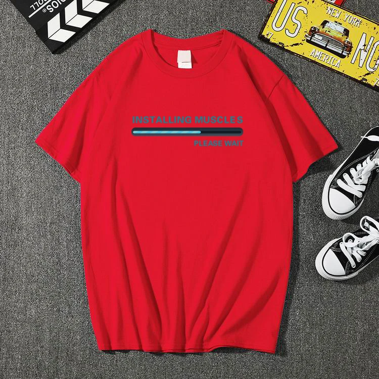 Fashion Funny Installing Muscles Please Wait Printed T-shirts Men Brand Loose T-shirt Summer Hipster O-neck Tops Tee | Мужская одежда